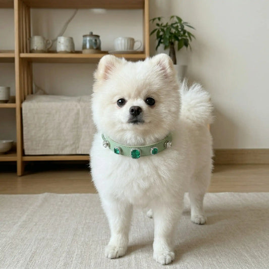 Dog wearing Vanderclix Gatsby Deco green collar — full view