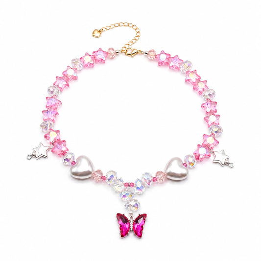 Vanderclix Pink Butterfly Pendant Necklace — enamel pet necklace, white background