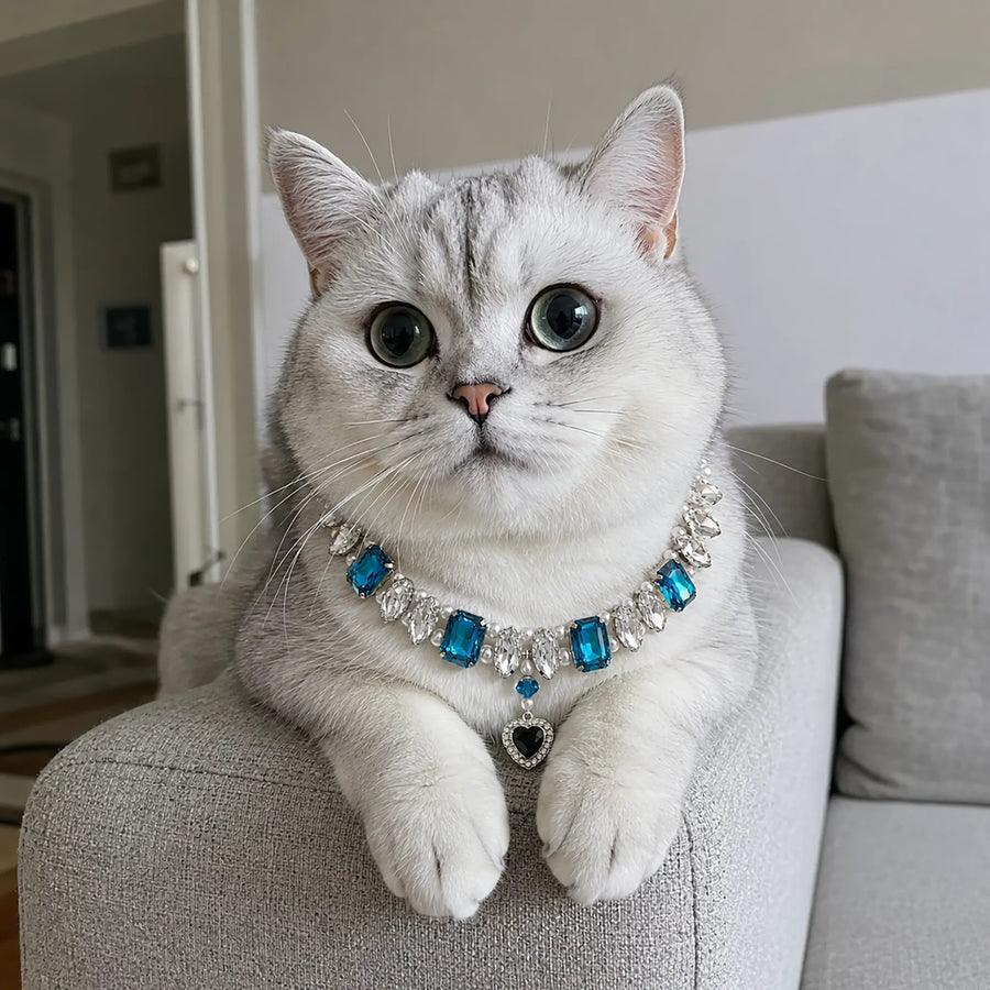 Vanderclix Faceted Drop Necklace Blue British Shorthair Seated