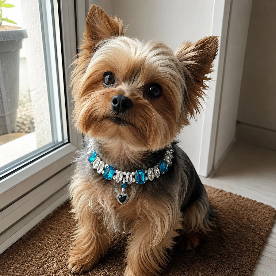 Vanderclix Faceted Drop Necklace Blue Yorkshire Terrier Lying