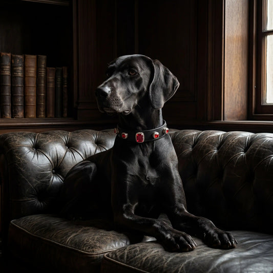Dog wearing Vanderclix Scarlet Dusk red collar — indoor
