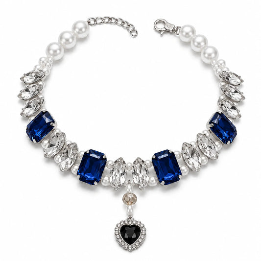 Vanderclix Faceted Drop pet necklace with blue and clear crystals and a black heart pendant