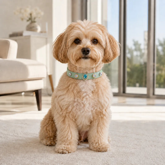 Dog wearing Vanderclix  Royal Drop green collar— indoor