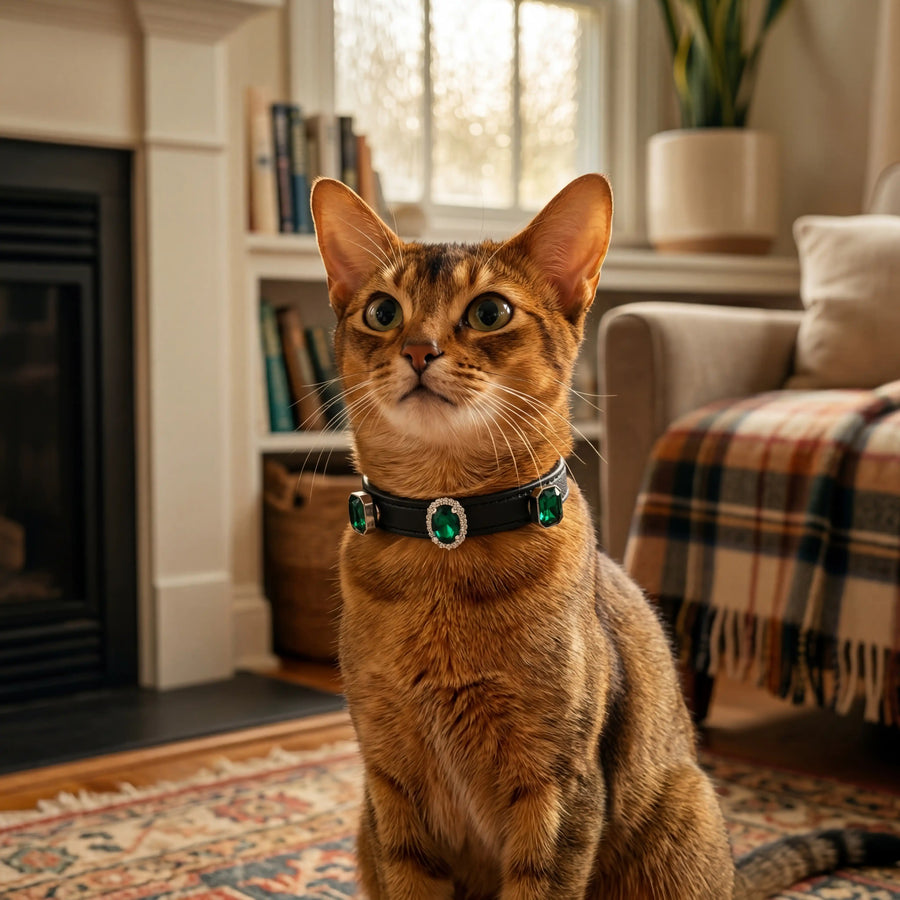 Cat wearing Vanderclix Obsidian black collar — full body
