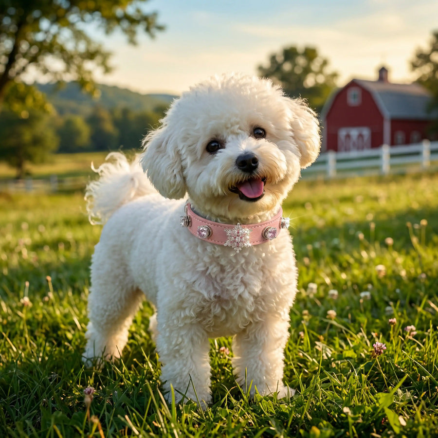 Dog wearing Vanderclix Sakura pink collar — portrait