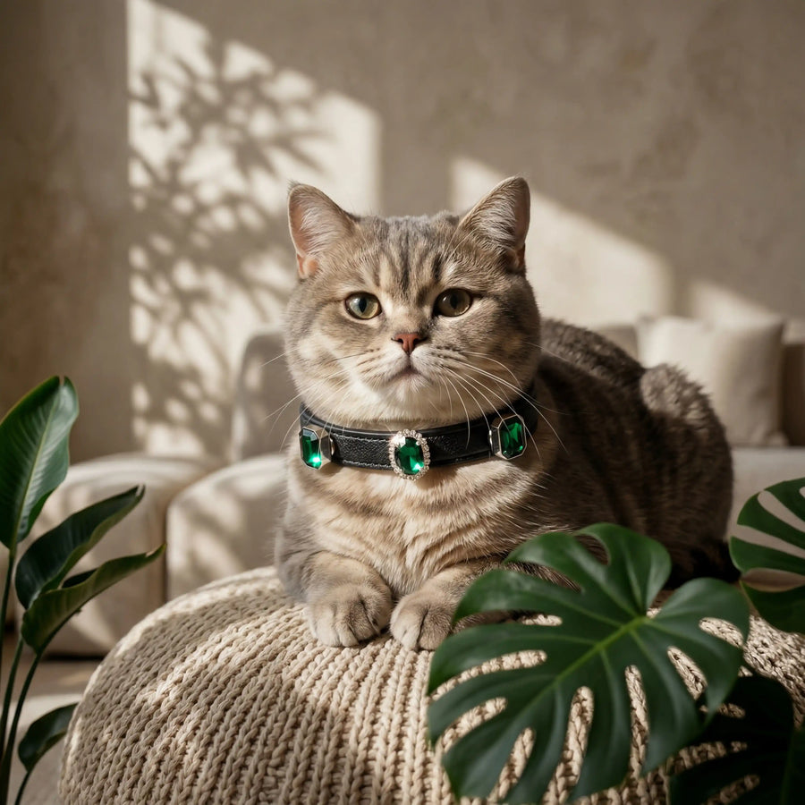 Cat wearing Vanderclix Obsidian black collar — by the window