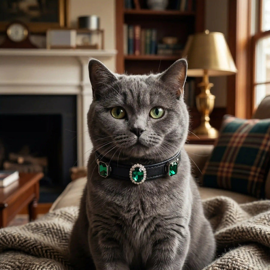Cat wearing Vanderclix Obsidian black collar — indoor