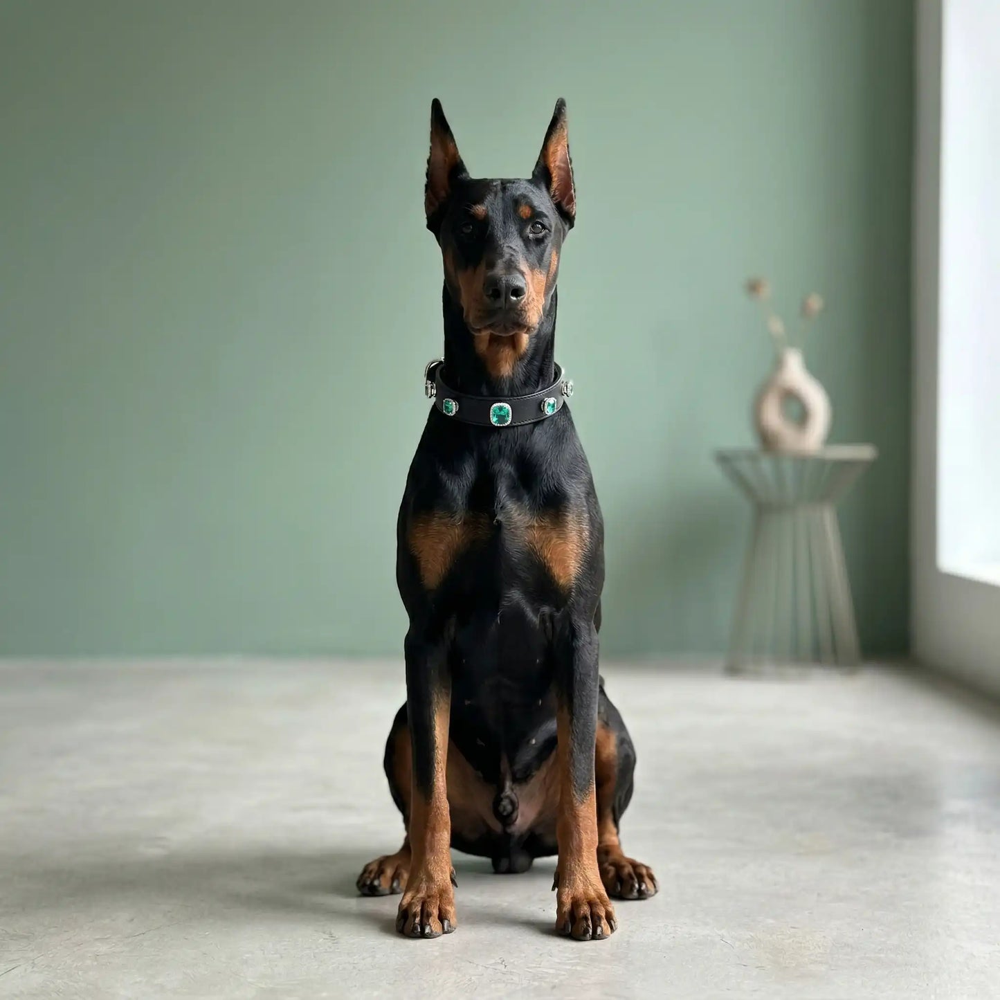 Dog wearing Vanderclix Teal Cushion black collar— indoor