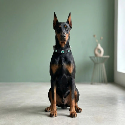 Dog wearing Vanderclix Teal Cushion black collar— indoor
