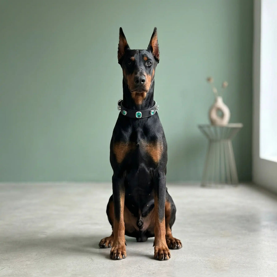 Dog wearing Vanderclix Teal Cushion black collar— indoor