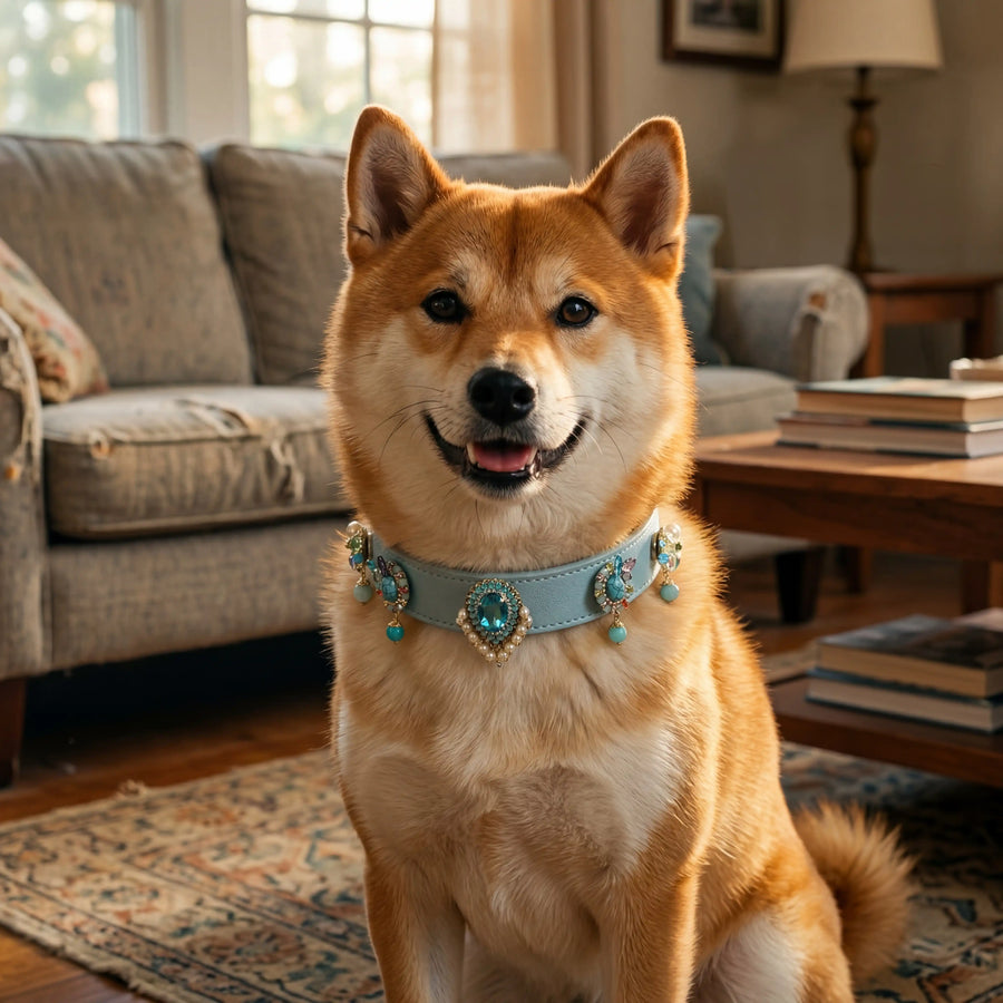 Dog wearing Vanderclix Tidal blue collar — in natural light