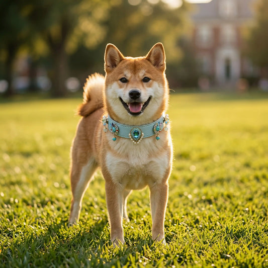 Dog wearing Vanderclix Tidal blue collar full view