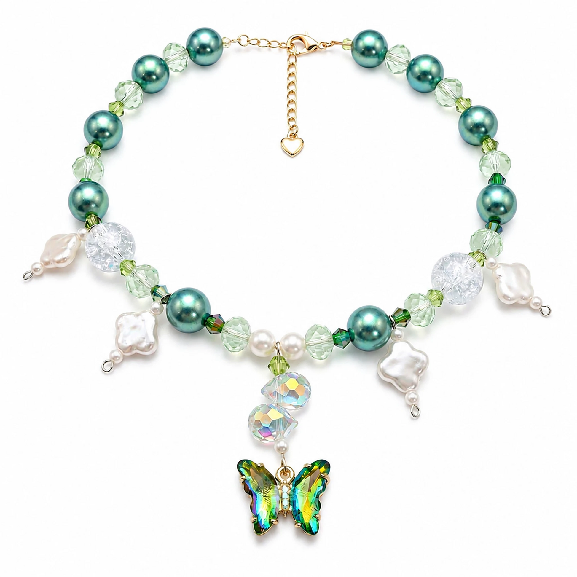 Vanderclix Green Butterfly Pendant Necklace — enamel pet necklace, white background