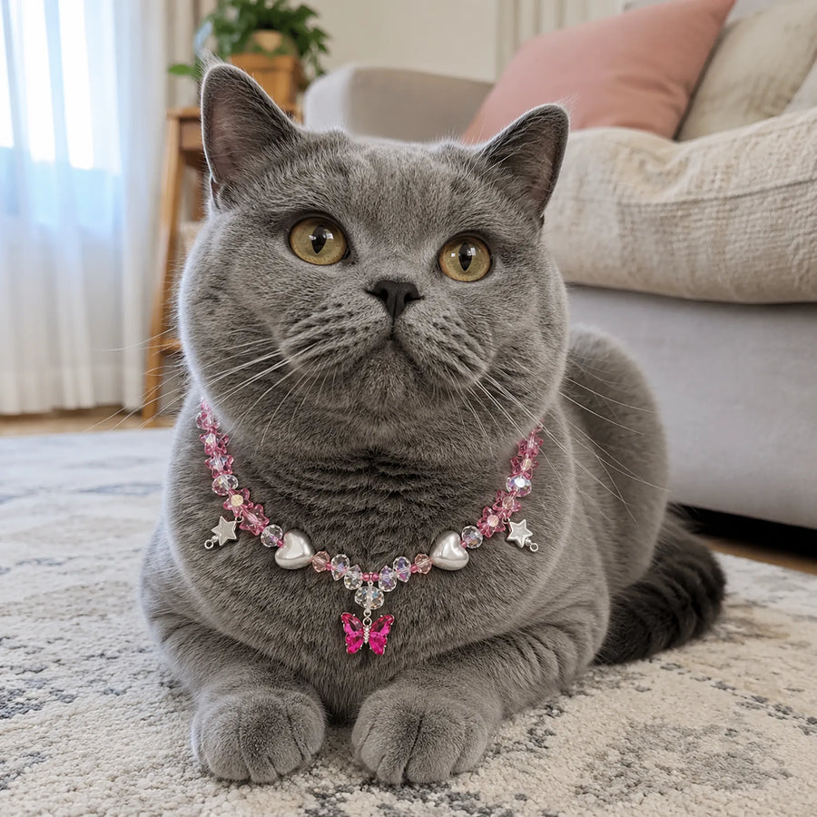 Vanderclix Butterfly Pendant Necklace Pink British Shorthair Blue Coat Seated