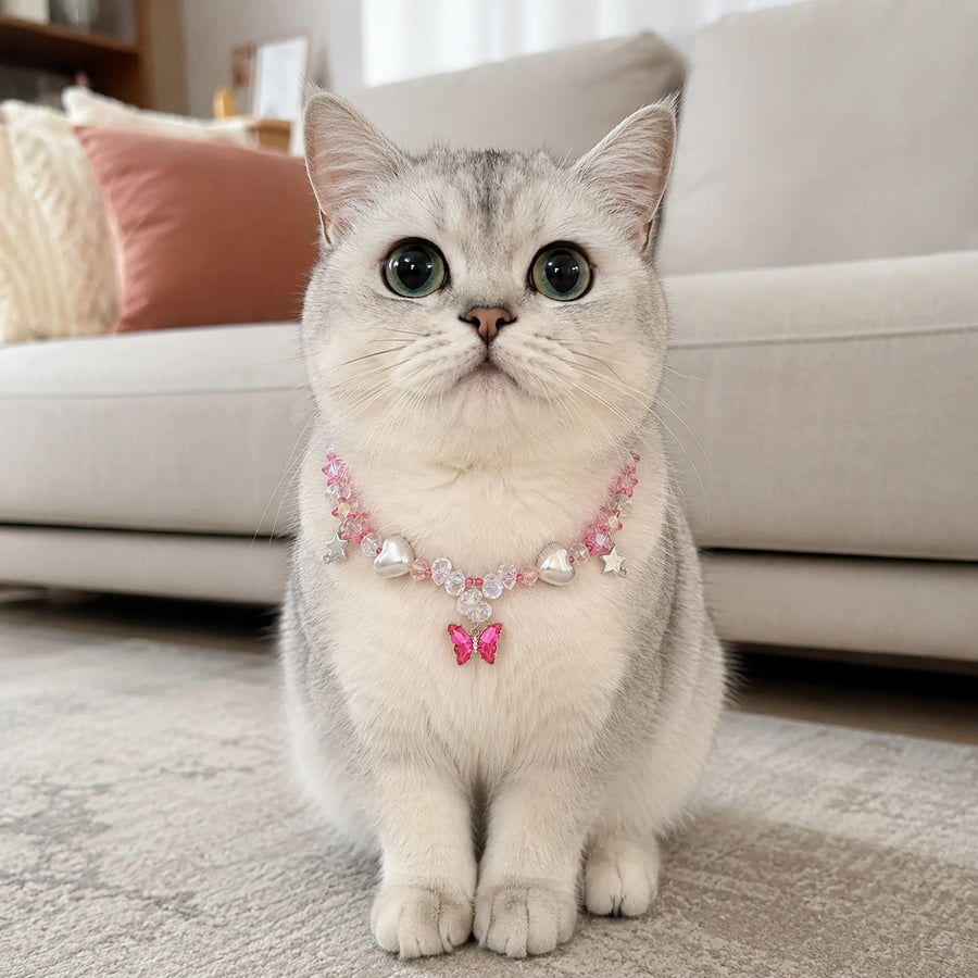 Vanderclix Butterfly Pendant Necklace Pink British Shorthair Silver Seated