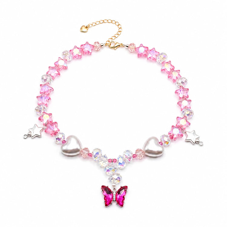 Vanderclix Pink Butterfly Pendant Necklace — enamel pet necklace, white background