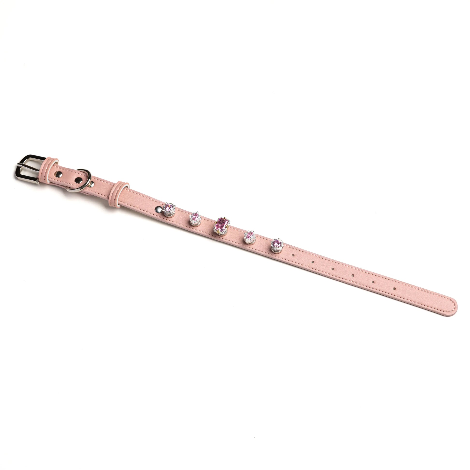 Lavender Mist snap-on charm set on Dusk pink leather collar by Vanderclix&Co., angled view.