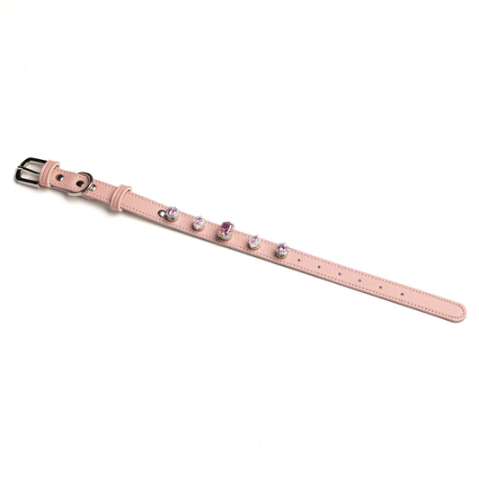 Lavender Mist snap-on charm set on Dusk pink leather collar by Vanderclix&Co., angled view.