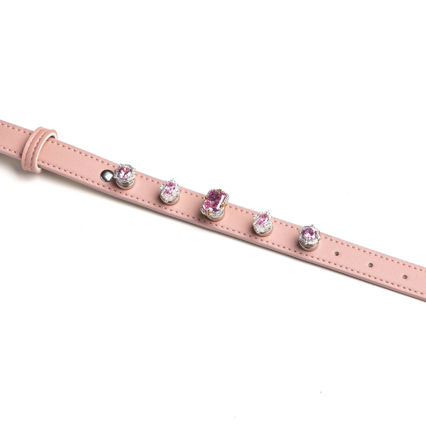 Pink dog collar with lavender and crystal charms by Vanderclix&Co., detail view.