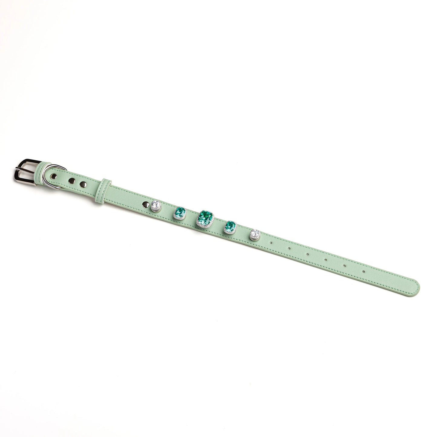 Gatsby Deco snap-on charm set on Mist green leather collar by Vanderclix&Co., angled view.