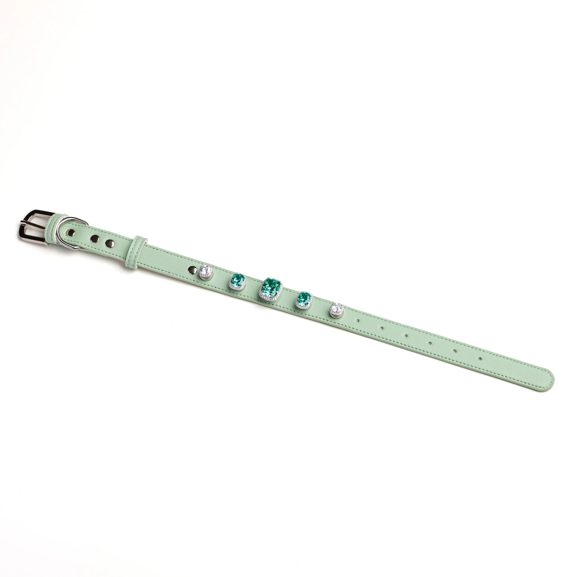 Gatsby Deco snap-on charm set on Mist green leather collar by Vanderclix&Co., angled view.