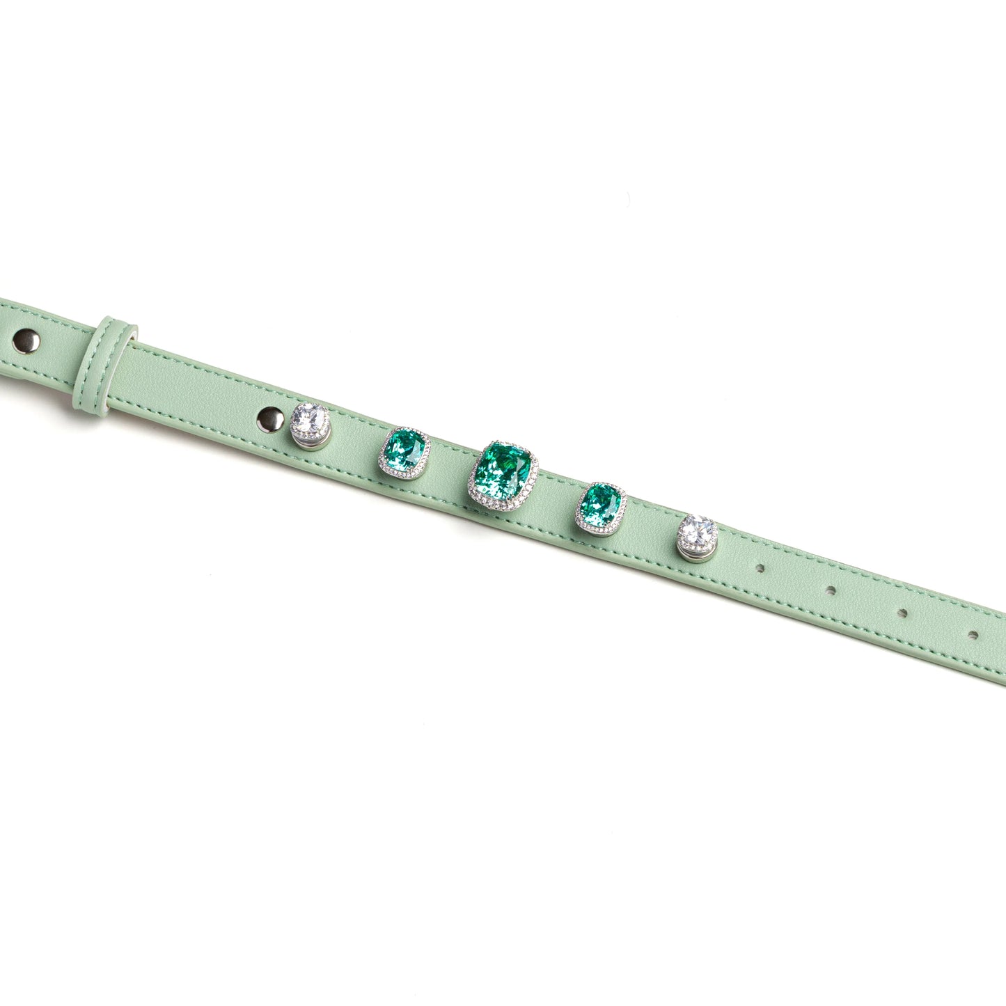 Sage green dog collar with geometric deco charms by Vanderclix&Co., detail view.