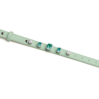 Sage green dog collar with geometric deco charms by Vanderclix&Co., detail view.