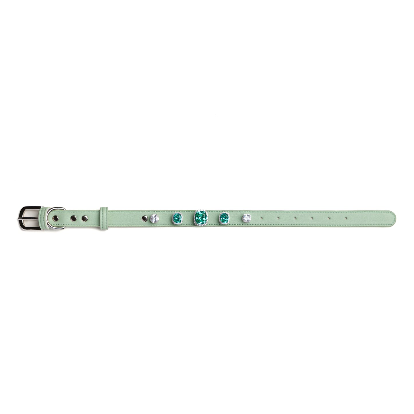 Vanderclix&Co. green dog collar with Gatsby art deco snap-on charms, size M, front view.