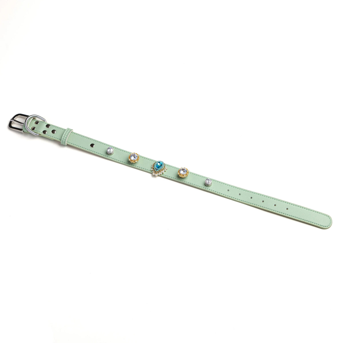 Royal Drop snap-on charm set on Sage green leather collar by Vanderclix, angled view.