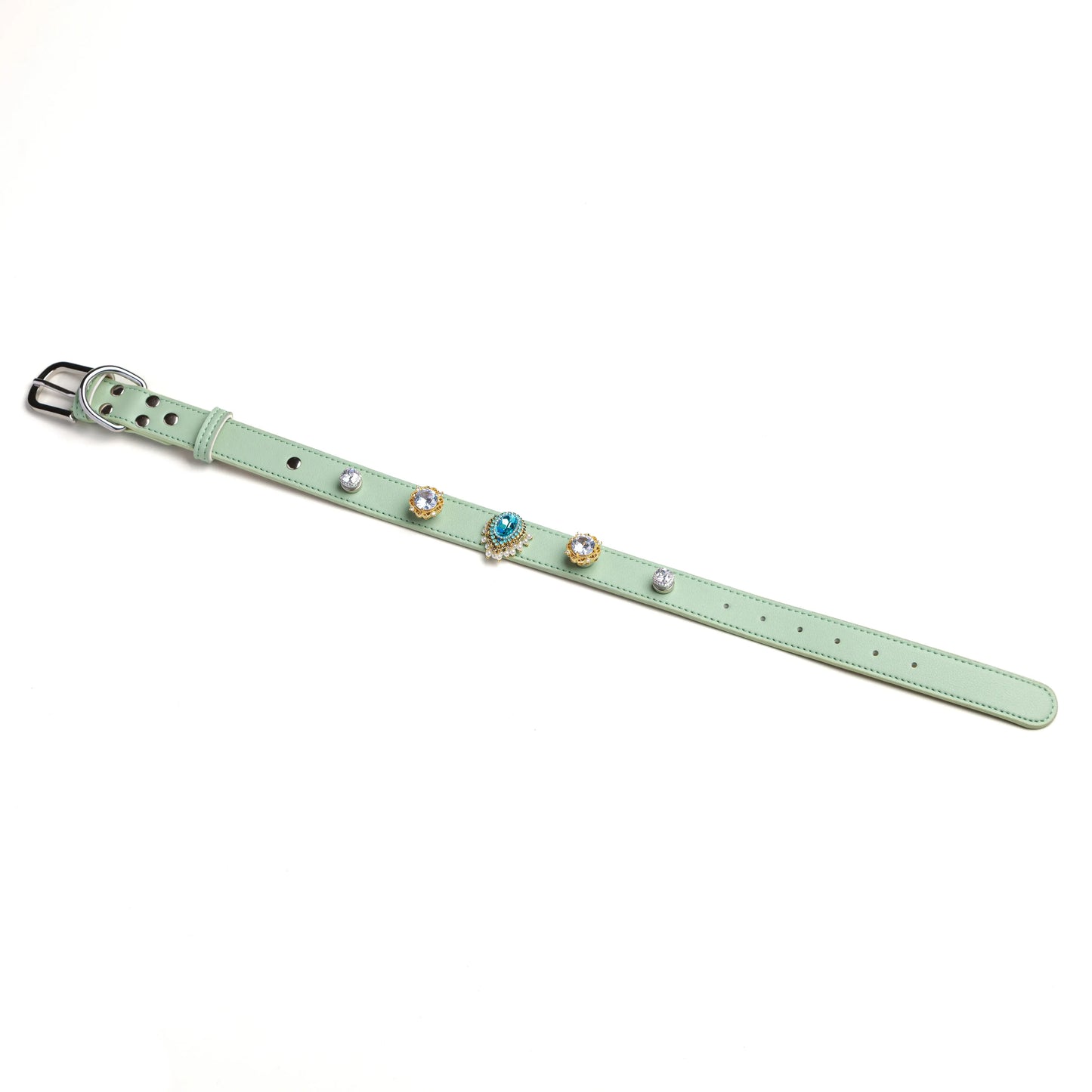 Royal Drop snap-on charm set on Mist green leather collar by Vanderclix&Co., angled view.