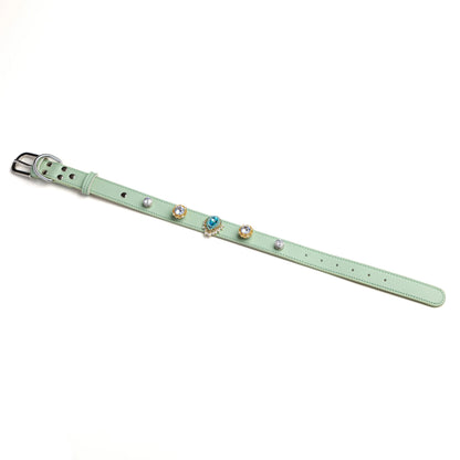 Royal Drop snap-on charm set on Mist green leather collar by Vanderclix&Co., angled view.