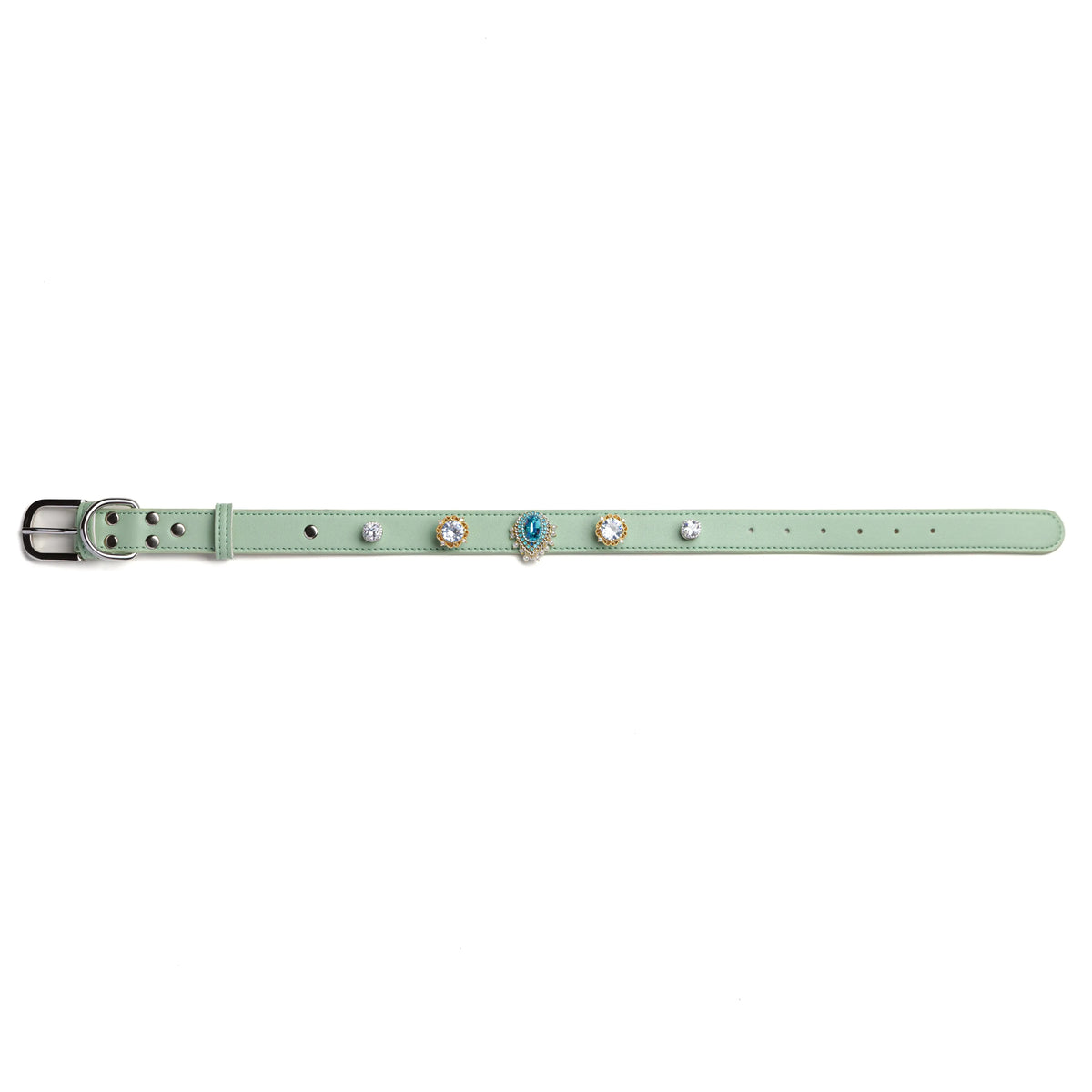 Vanderclix mint green dog collar with royal teardrop snap-on charms, size L, front view.
