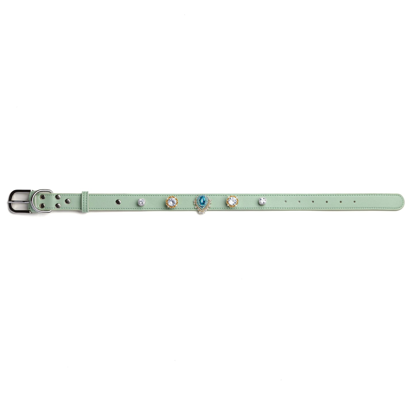 Vanderclix&Co. mint green dog collar with royal teardrop snap-on charms, size L, front view.
