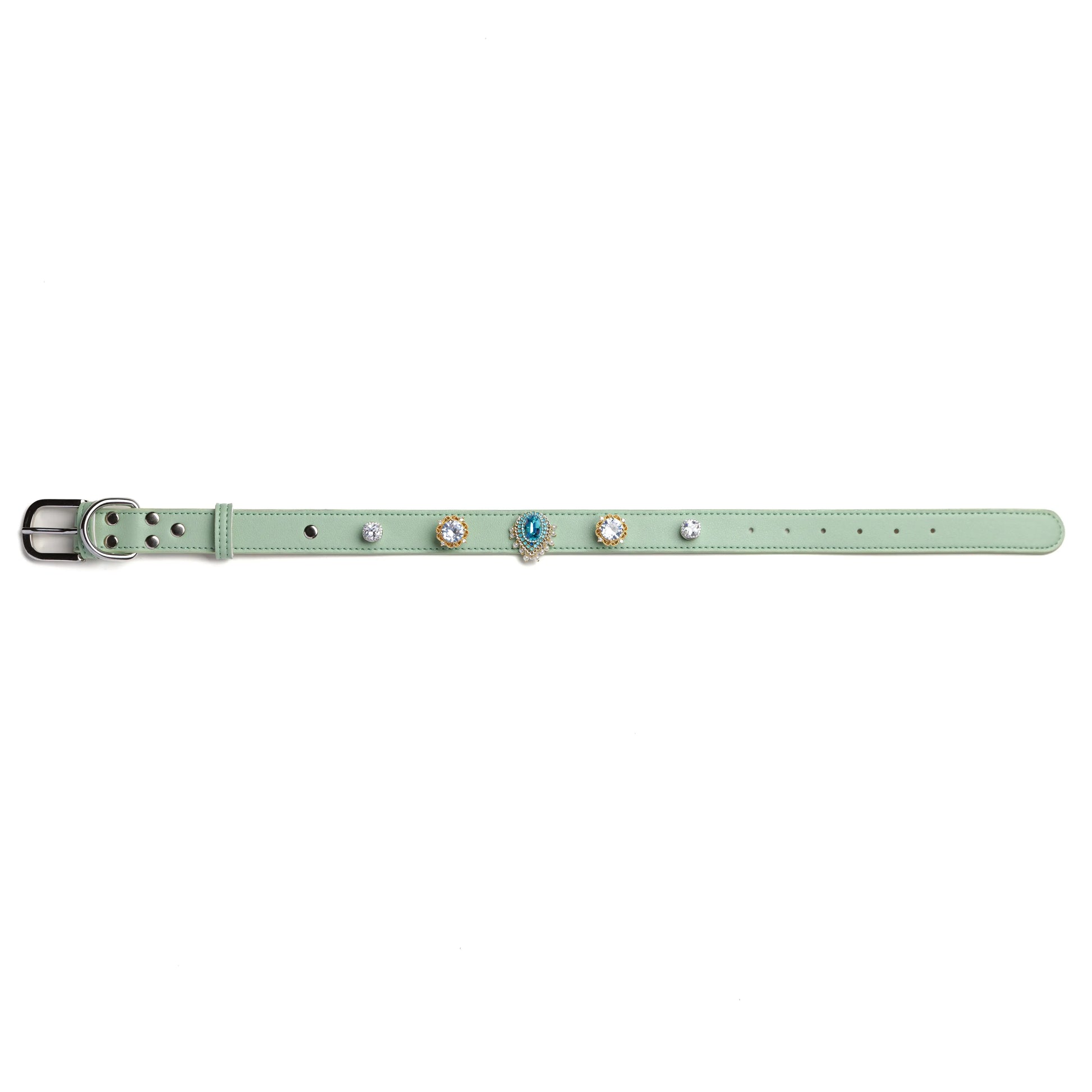 Vanderclix&Co. mint green dog collar with royal teardrop snap-on charms, size L, front view.