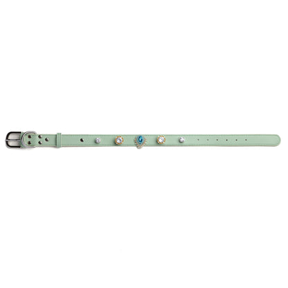 Vanderclix&Co. mint green dog collar with royal teardrop snap-on charms, size L, front view.