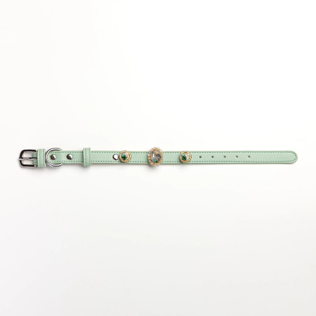 Vanderclix green dog collar with vintage bloom snap-on charms, size S, front view.