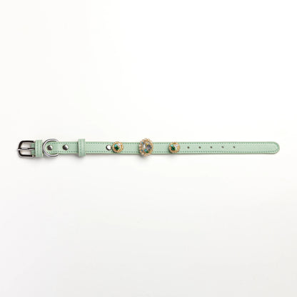Vanderclix&Co. green dog collar with vintage bloom snap-on charms, size S, front view.