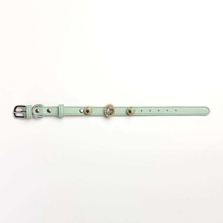 Vanderclix green dog collar with vintage bloom snap-on charms, size S, front view.