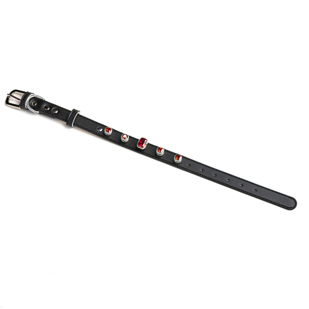 Scarlet Dusk snap-on charm set on Obsidian black leather collar by Vanderclix, angled view.