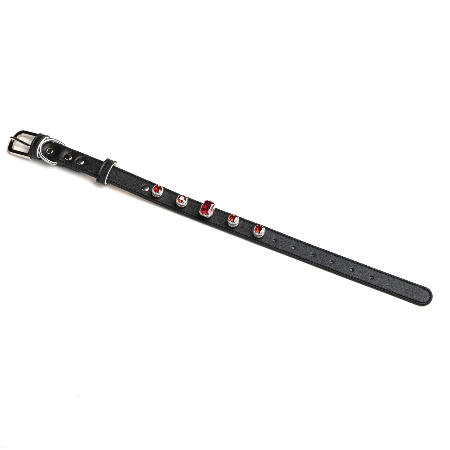 Scarlet Dusk snap-on charm set on Obsidian black leather collar by Vanderclix&Co., angled view.