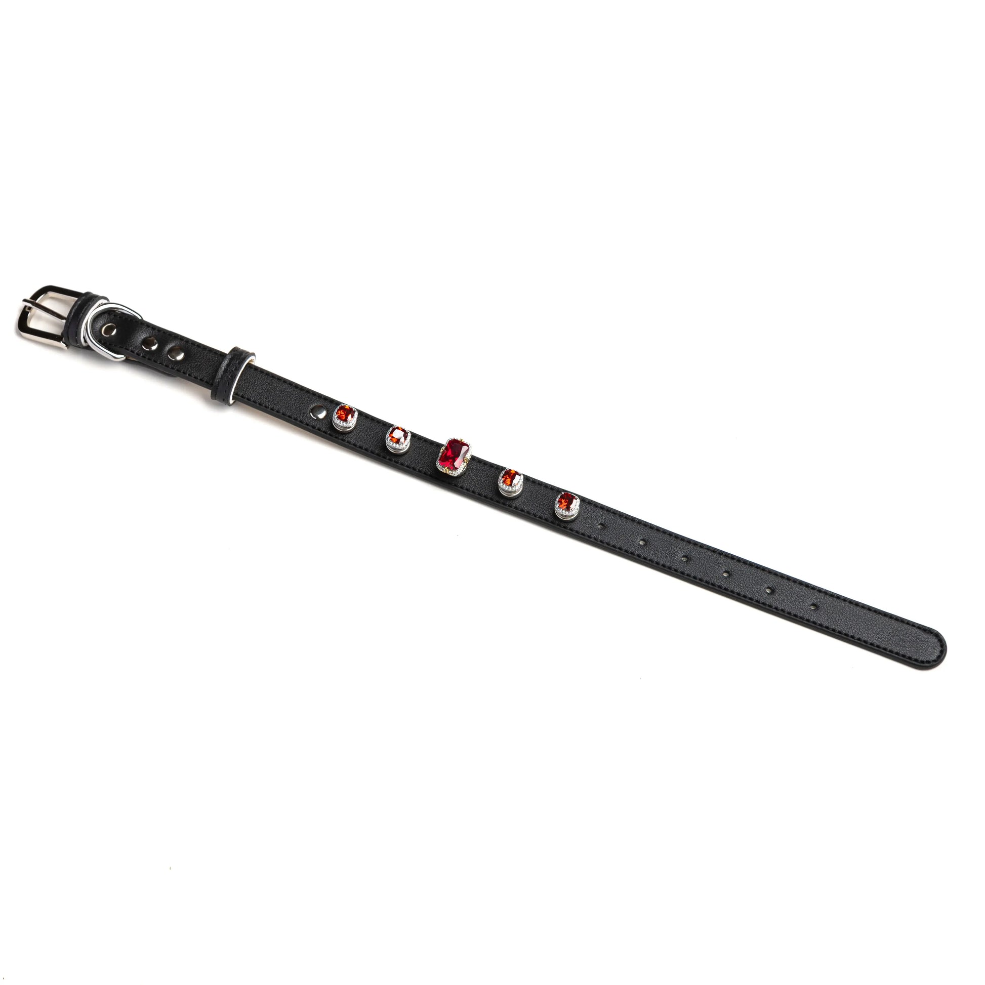 Scarlet Dusk snap-on charm set on Obsidian black leather collar by Vanderclix&Co., angled view.