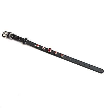 Scarlet Dusk snap-on charm set on Obsidian black leather collar by Vanderclix&Co., angled view.
