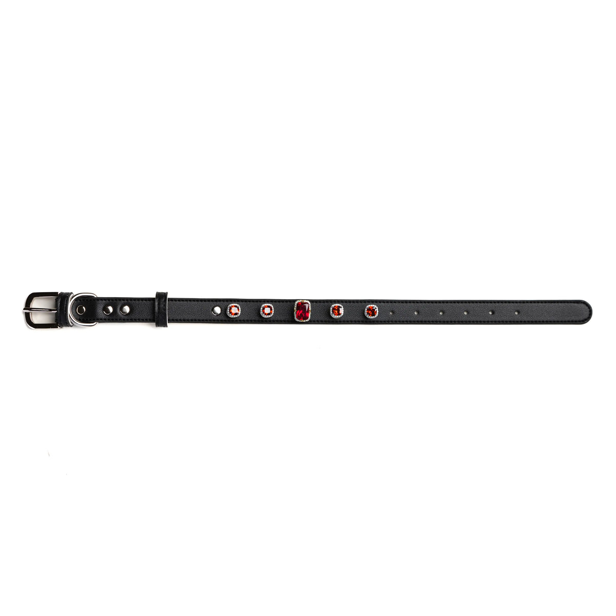 Vanderclix black dog collar with scarlet red snap-on charms, size M, front view.