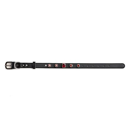 Vanderclix&Co. black dog collar with scarlet red snap-on charms, size M, front view.