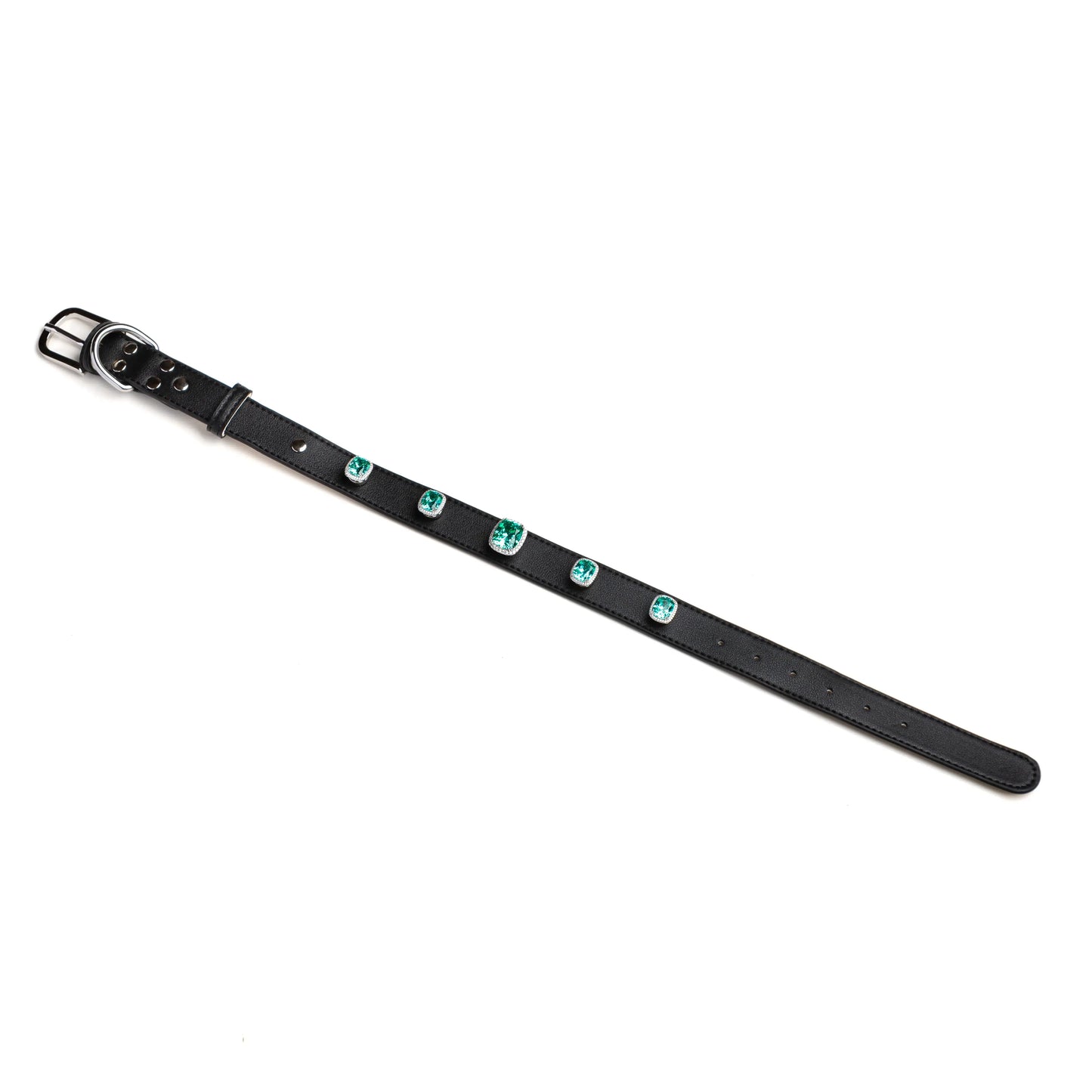 Teal Cushion snap-on gem set on Obsidian black leather collar by Vanderclix&Co., angled view.