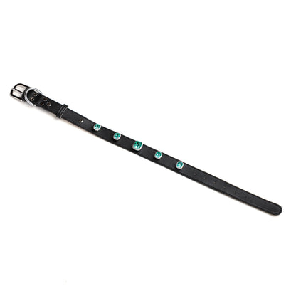 Teal Cushion snap-on gem set on Obsidian black leather collar by Vanderclix&Co., angled view.