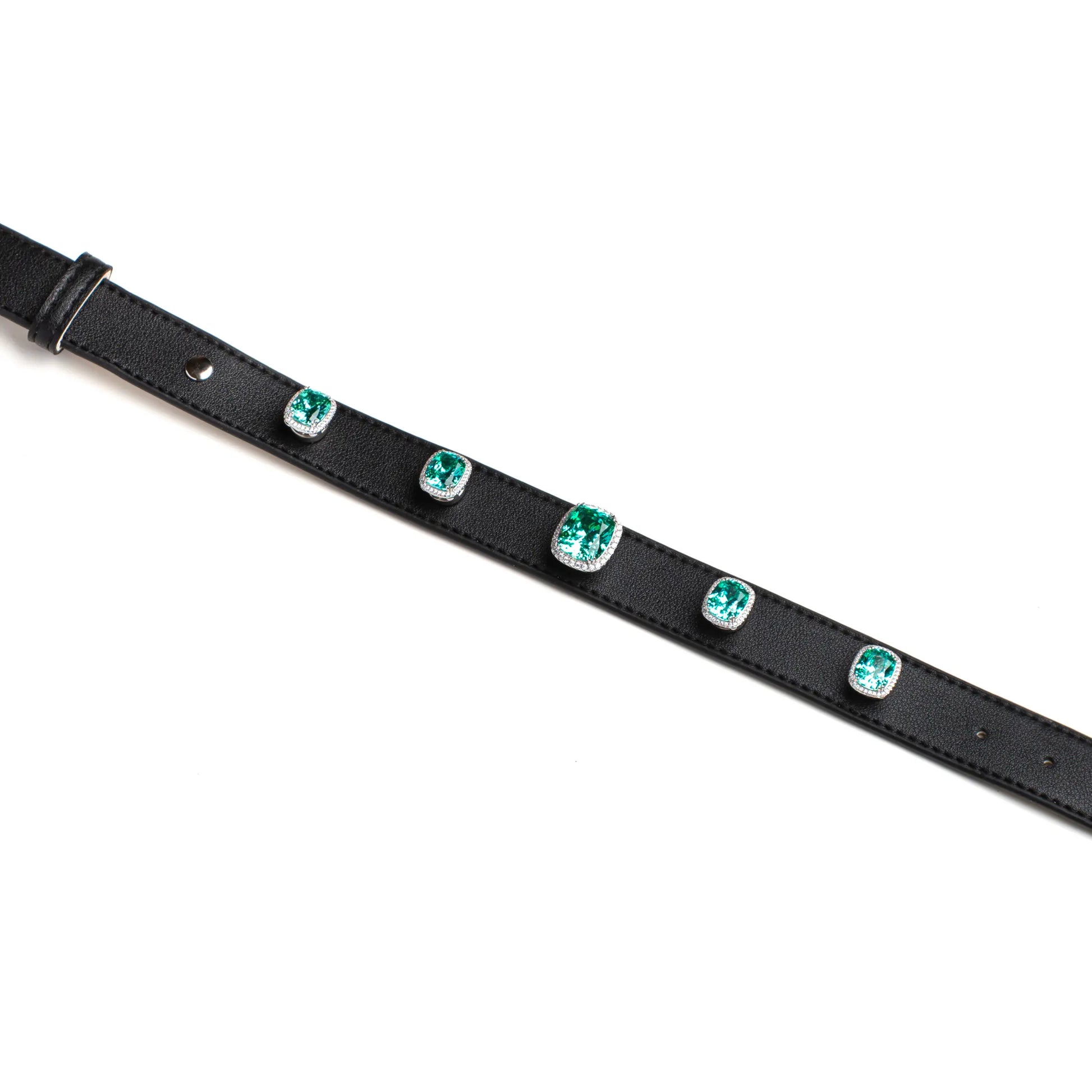 Black leather dog collar with silver-framed teal gems by Vanderclix&Co., detail view.