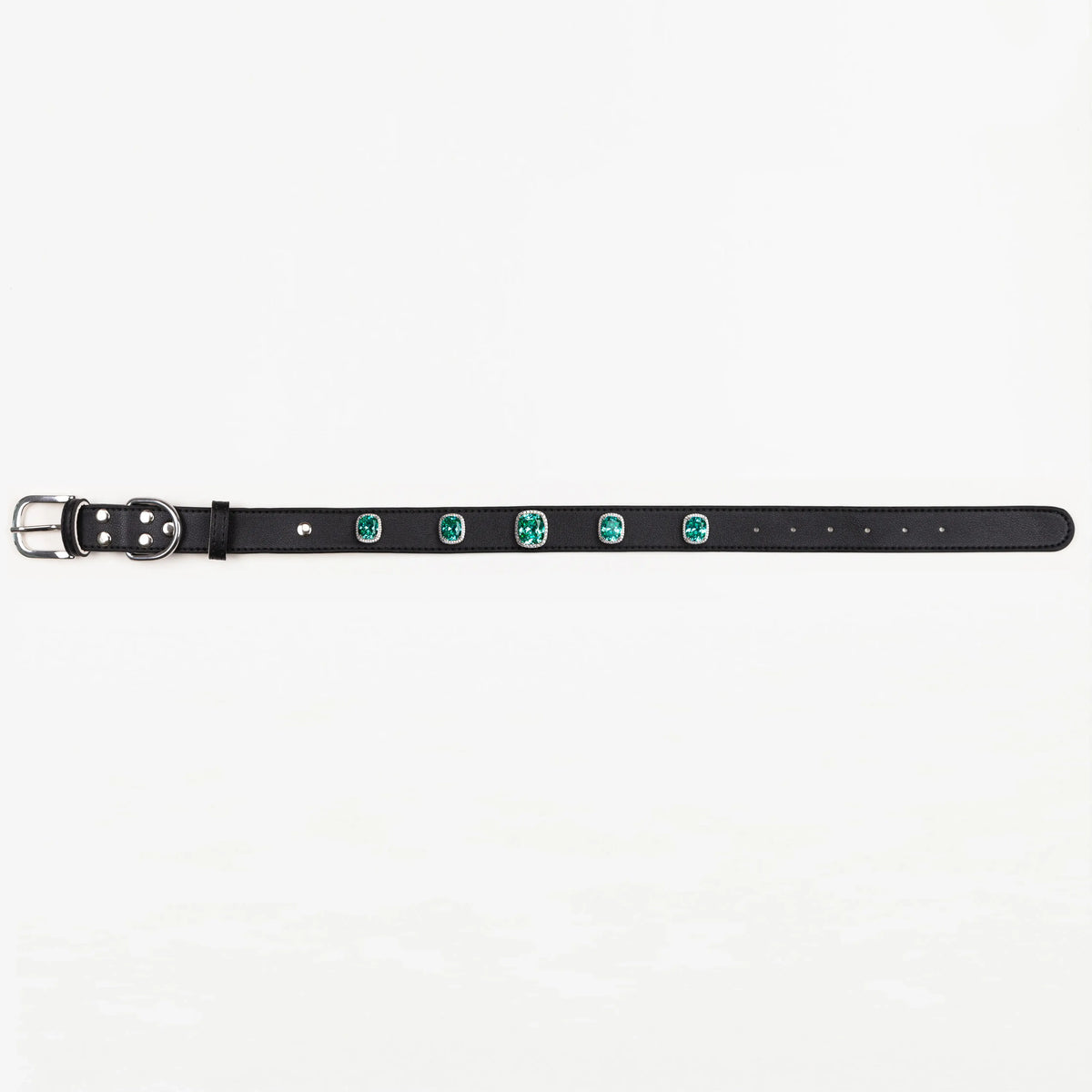 Vanderclix black dog collar with teal cushion-cut snap-on charms, size L, front view.
