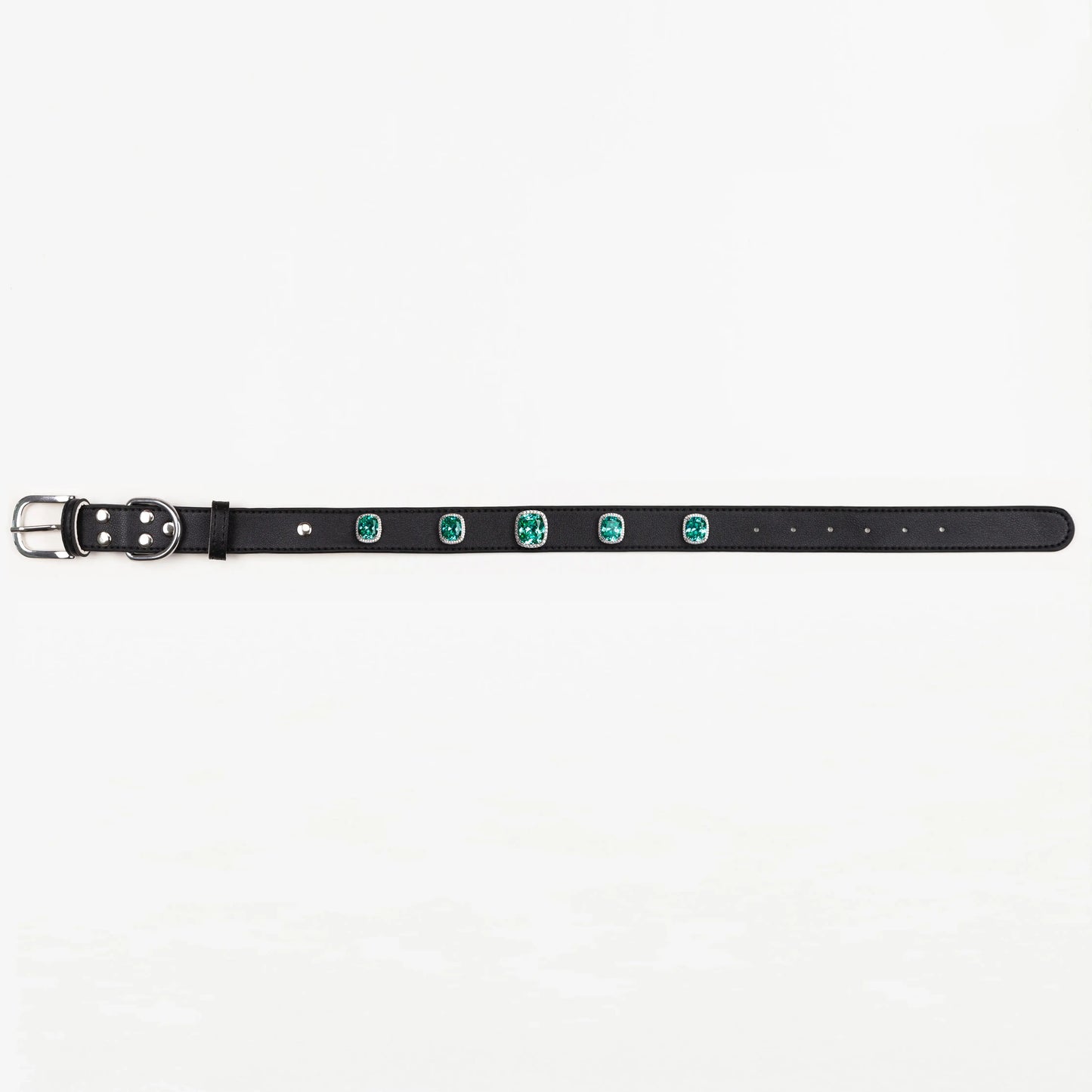 Vanderclix&Co. black dog collar with teal cushion-cut snap-on charms, size L, front view.