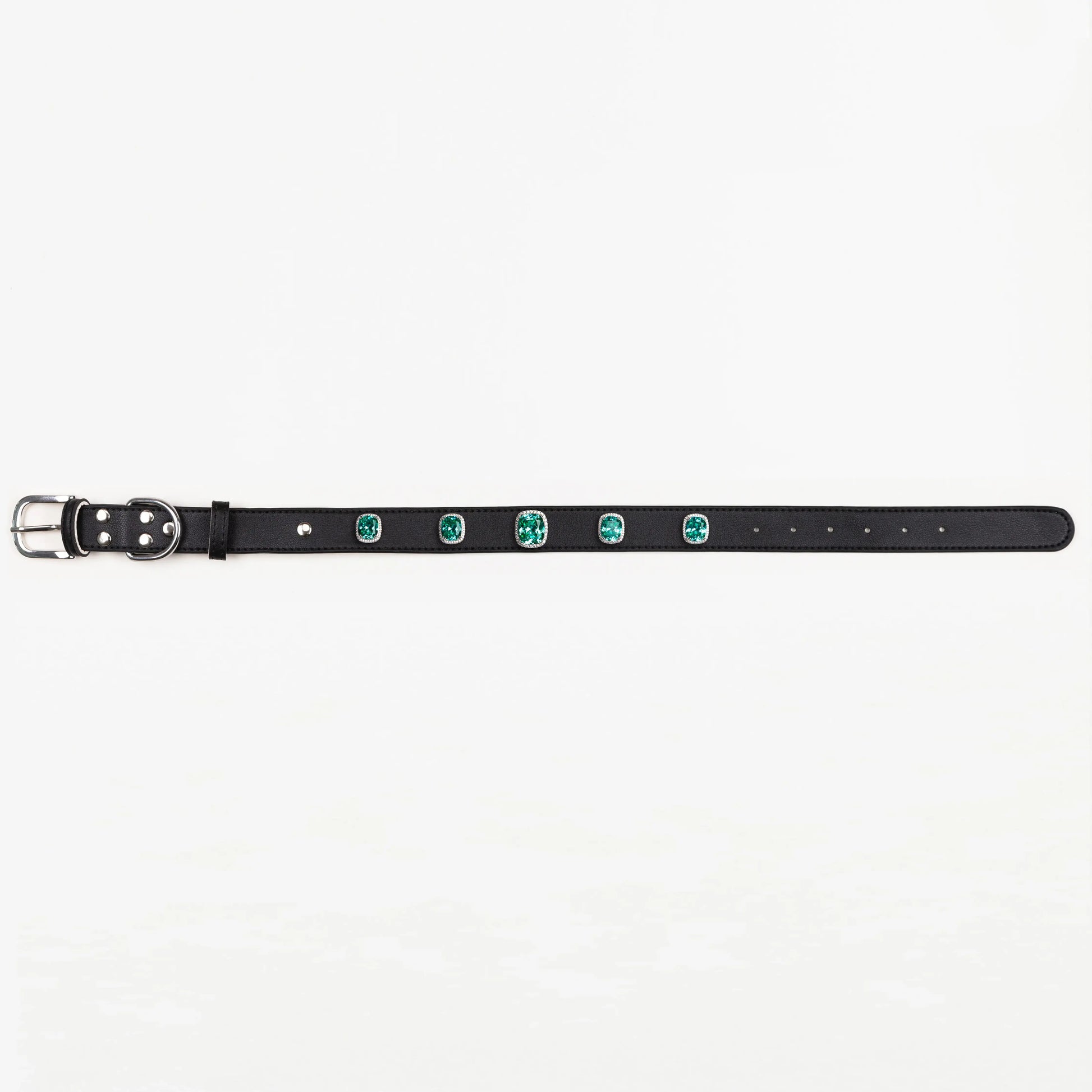 Vanderclix&Co. black dog collar with teal cushion-cut snap-on charms, size L, front view.